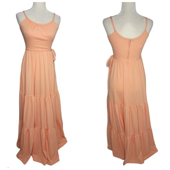 VINTAGE 70s dress tiered‎ peach ruffle tank maxi with tie S - Picture 1 of 13